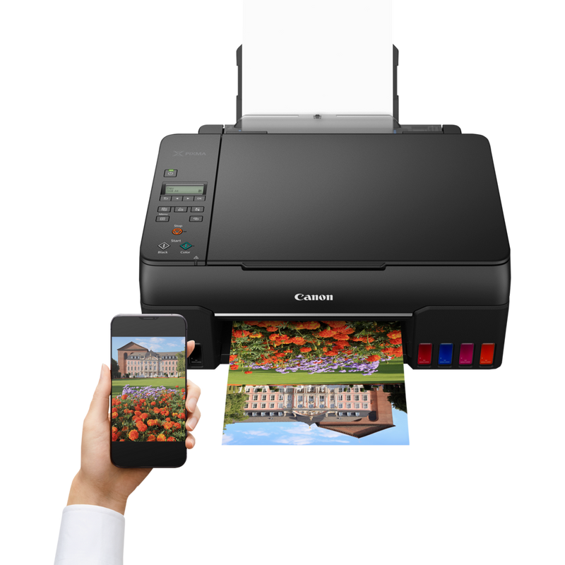 Canon PIXMA G640 Wireless 3-in-1 Refillable MegaTank Inkjet Photo Printer Product Front View With A Person Printing From a Smartphone