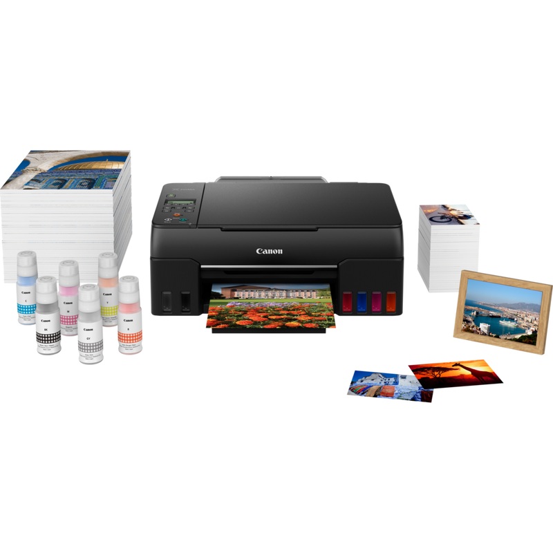 Canon PIXMA G640 Wireless 3-in-1 Refillable MegaTank Inkjet Photo Printer Product With Papers, Ink Bottles and Photo Frames