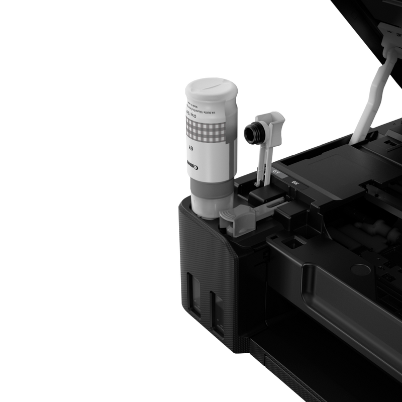 Canon PIXMA G640 Wireless 3-in-1 Refillable MegaTank Inkjet Photo Printer Product With Black Ink Being Refilled