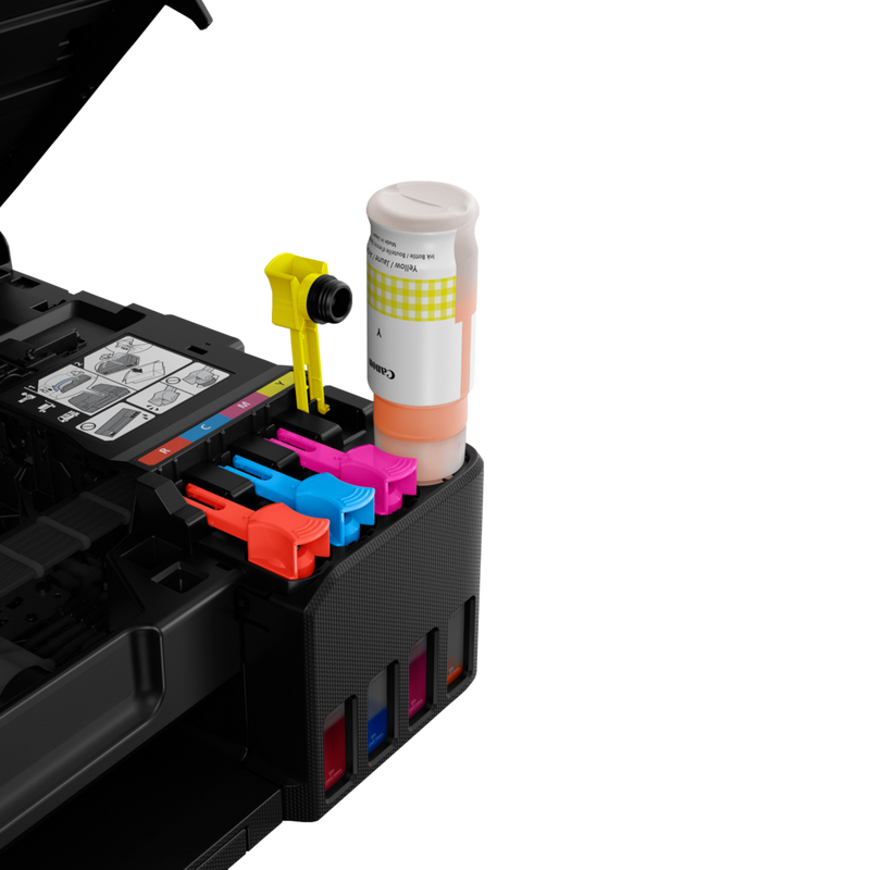 Canon PIXMA G640 Wireless 3-in-1 Refillable MegaTank Inkjet Photo Printer Product With Yellow Ink Being Refilled