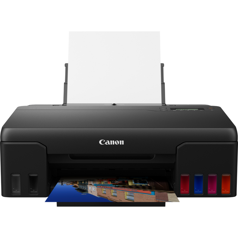 Canon PIXMA G540 Wireless Refillable MegaTank Inkjet Photo Printer Product Front View With Paper Tray Out