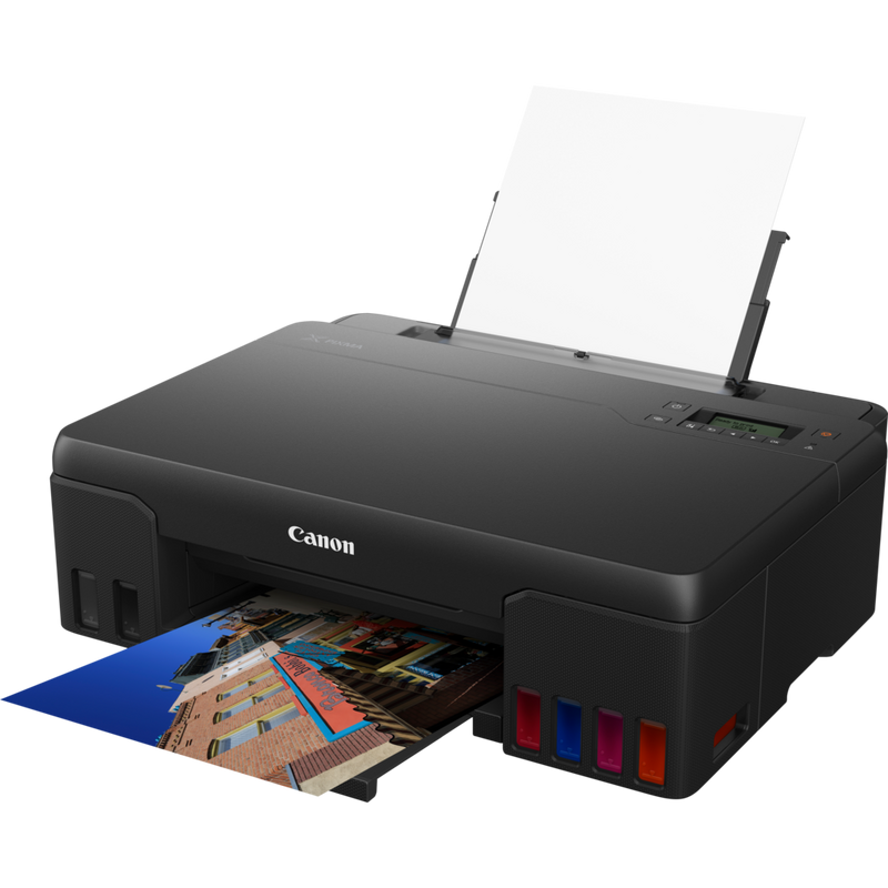 Canon PIXMA G540 Wireless Refillable MegaTank Inkjet Photo Printer Product Front Slant View With Paper Tray out