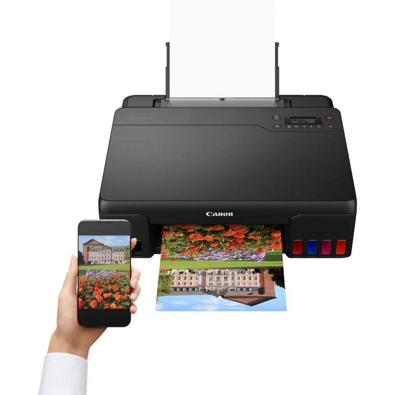 Canon PIXMA G540 Wireless Refillable MegaTank Inkjet Photo Printer Product Front View With A Person Printing From a Smartphone
