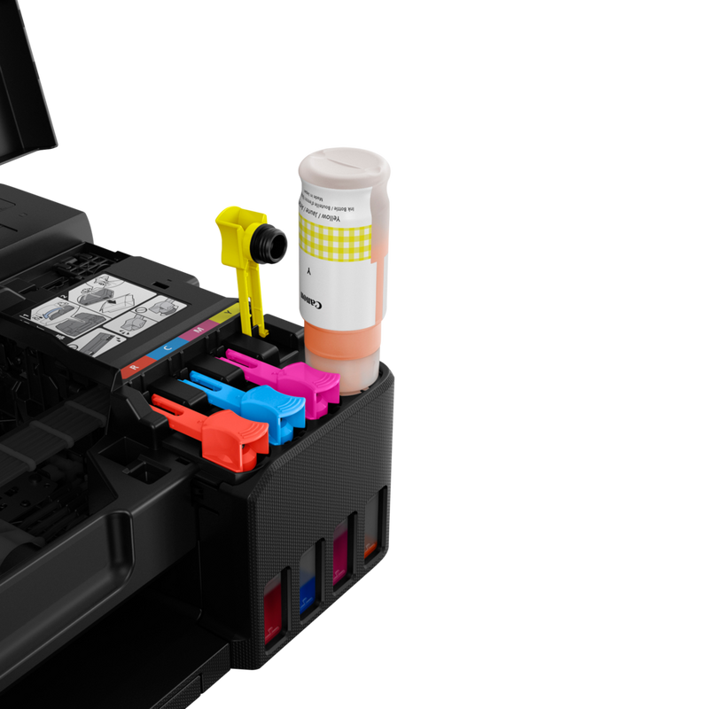 Canon PIXMA G540 Wireless Refillable MegaTank Inkjet Photo Printer Product With Yellow Ink Being Refilled