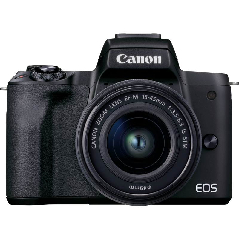 Canon EOS M50 Mark II Mirrorless Camera, Black + EF-M 15-45mm f/3.5-6.3 IS STM Lens, Graphite Product Front View with the Lens Attached to the Camera