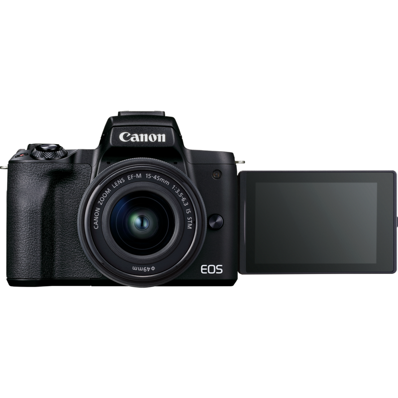 Canon EOS M50 Mark II Mirrorless Camera, Black + EF-M 15-45mm f/3.5-6.3 IS STM Lens, Graphite Product Front View with the Vari-Angle Screen Extended
