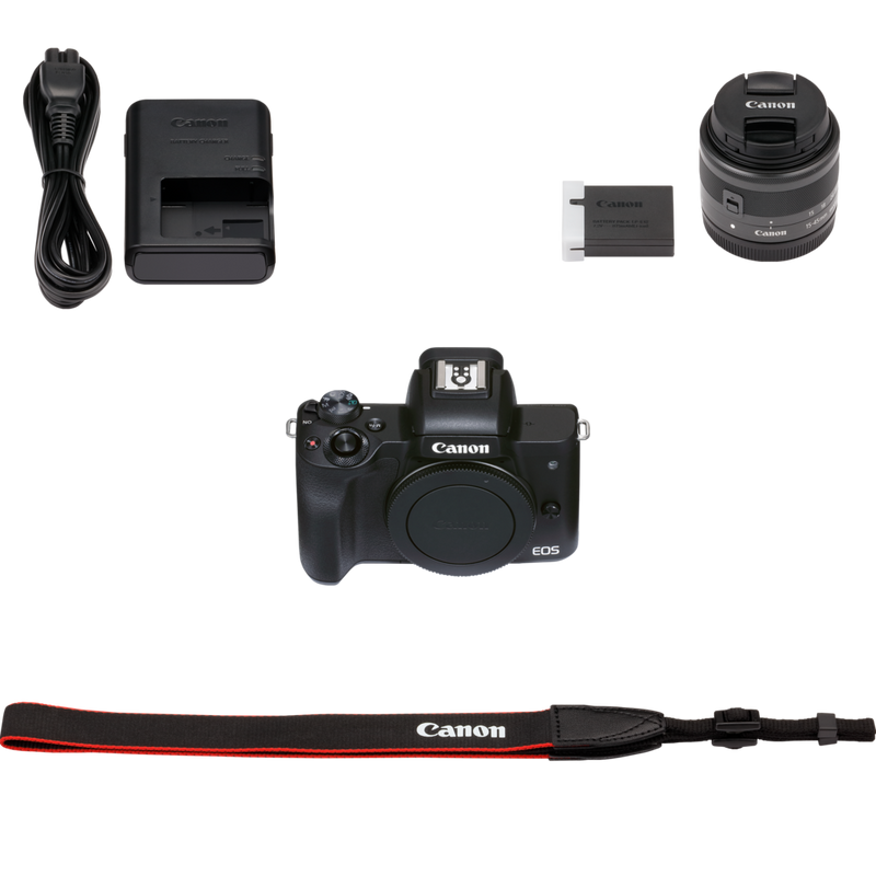 Canon EOS M50 Mark II Mirrorless Camera, Black + EF-M 15-45mm f/3.5-6.3 IS STM Lens, Graphite Product What's in the Box