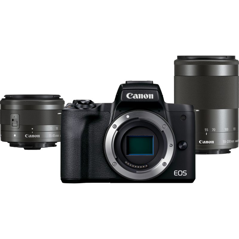 Comprar Cámara EOS M50 Mark II Mirrorless de Canon en negro + objetivos EF-M 15-45mm IS STM y EF-M 55-200mm IS STM en Cámaras con Wi-Fi — Tienda Canon Espana Foto