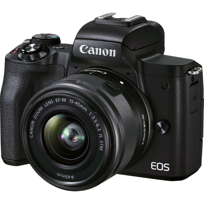 Canon EOS M50 Mark II Mirrorless Camera, Black + EF-M 15-45mm IS STM + EF-M 55-200mm IS STM Lens Product Diagonal View with the 14-45mm Lens