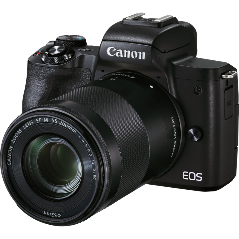Canon EOS M50 Mark II Mirrorless Camera, Black + EF-M 15-45mm IS STM + EF-M 55-200mm IS STM Lens Product Diagonal View with the 55-200mm Lens