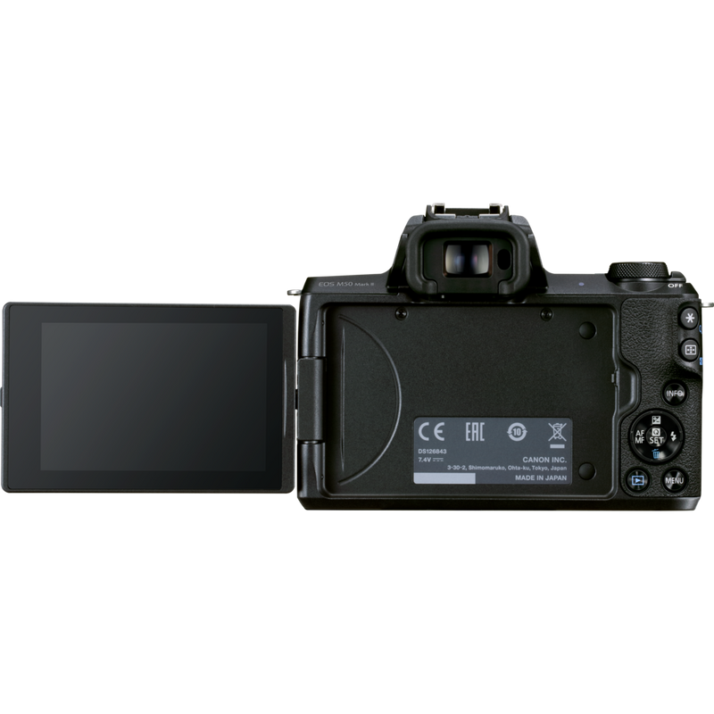 Canon EOS M50 Mark II Mirrorless Camera, Black + EF-M 15-45mm IS STM + EF-M 55-200mm IS STM Lens Product Back View with the Vari-Angle Screen Extended