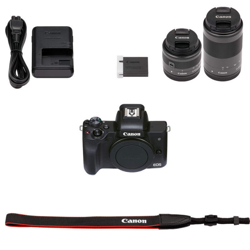 Canon EOS M50 Mark II Mirrorless Camera, Black + EF-M 15-45mm IS STM + EF-M 55-200mm IS STM Lens Product What's in the Box
