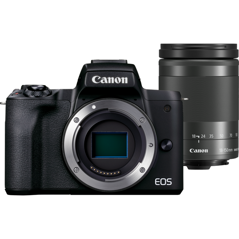 Canon EOS M50 Mark II spiegellose Kamera, Schwarz + EF-M 18-150mm f/3.5-6.3 IS STM Objektiv, Graphit-Grau Produkt Vorderansicht