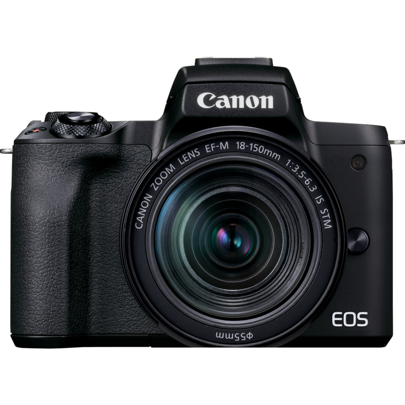 Peilitön Canon EOS M50 Mark II -kamera, musta + EF-M 18-150mm f/3.5-6.3 IS STM -objektiivi, tummanharmaa Tuote Näkymä edestä, objektiivi kiinnitettynä kameraan