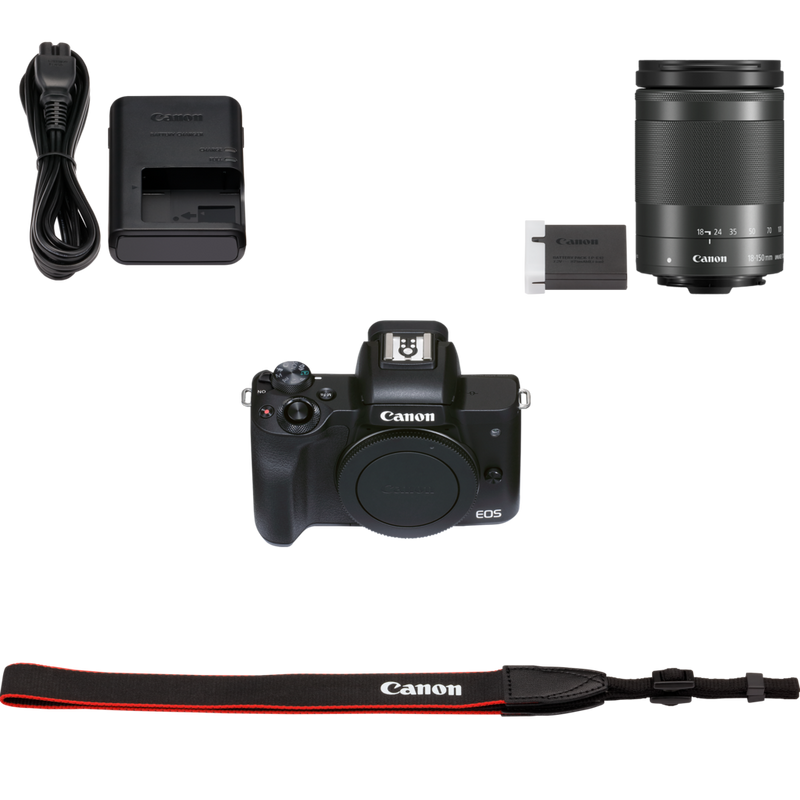 Peilitön Canon EOS M50 Mark II -kamera, musta + EF-M 18-150mm f/3.5-6.3 IS STM -objektiivi, tummanharmaa Tuote Pakkauksen sisältö