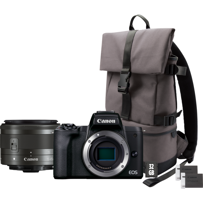 Canon EOS M50 Mark II Mirrorless Camera, Black + EF-M 15-45mm IS STM Lens + Backpack + SD Card + Spare Battery