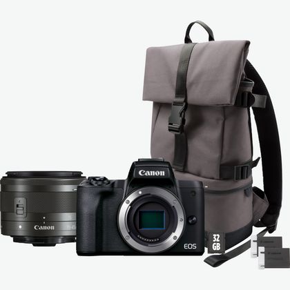 Comprar Canon EOS M50 negra + objetivo EF-M 15-45mm IS + mochila tarjeta SD + batería de repuesto en Interrumpido Tienda Espana