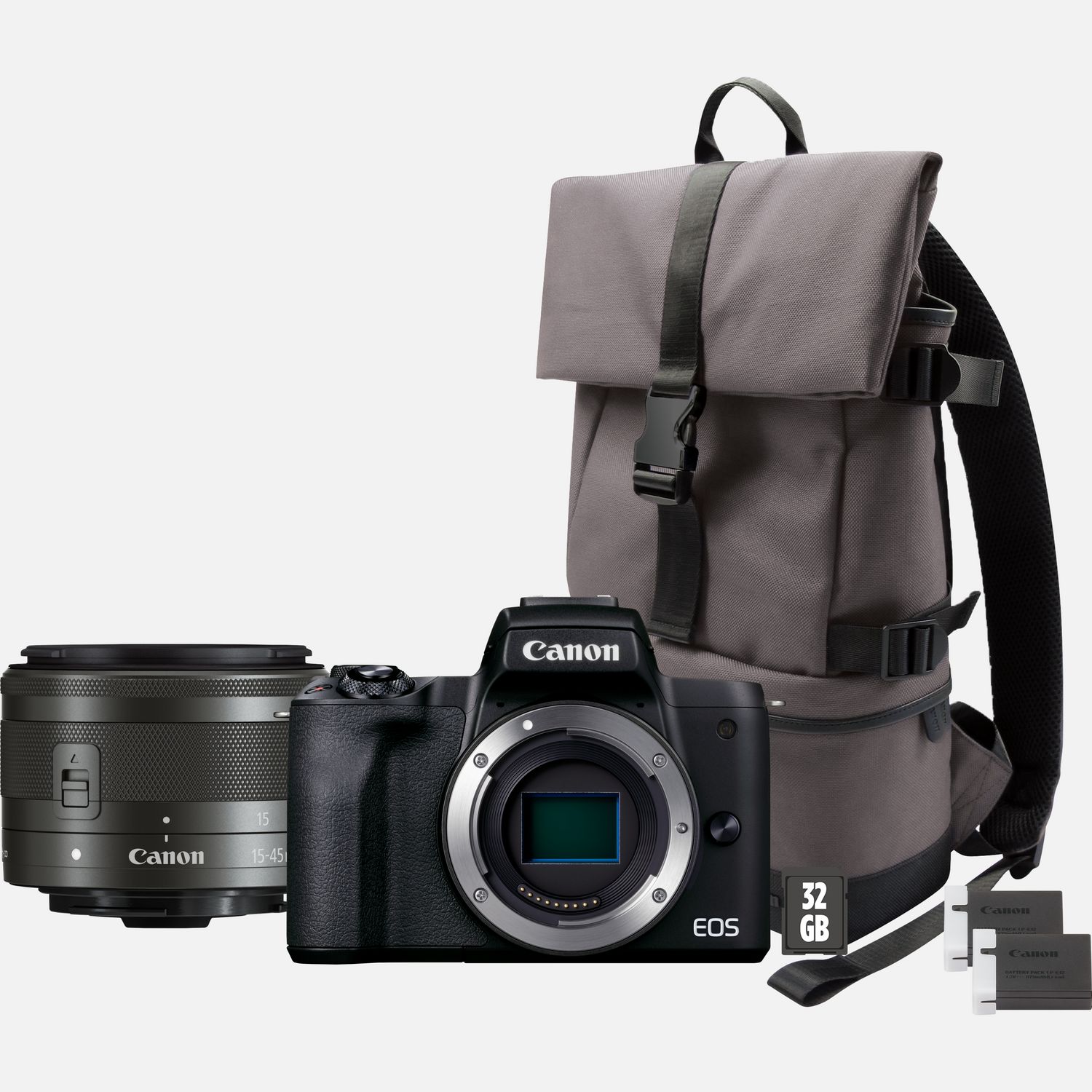Appareil photo hybride Canon EOS M50 Mark II noir + objectif EF-M 15-45mm IS STM + sac à dos + carte SD + batterie de rechange