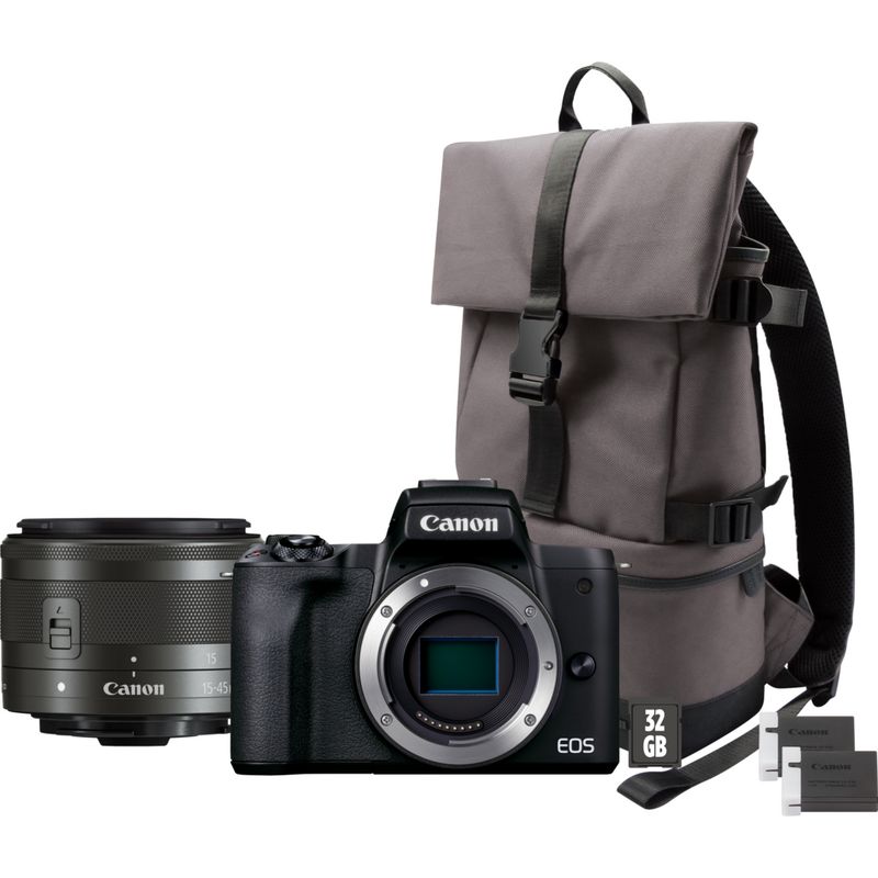 Canon EOS M50 Mark II Mirrorless Camera, Black + EF-M 15-45mm IS STM Lens +  Backpack + SD Card + Spare Battery