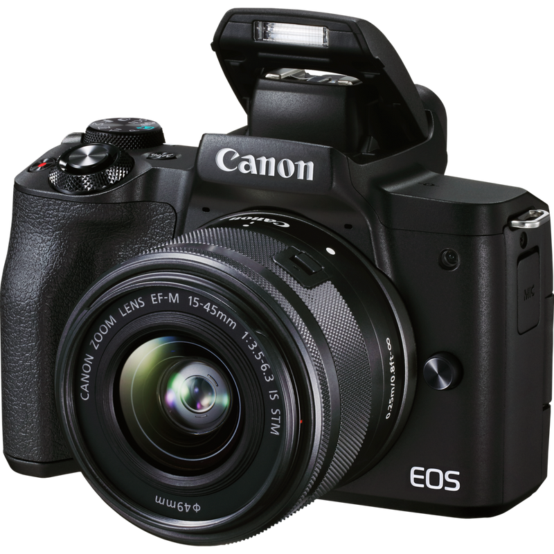 Canon EOS M50 Mark II Mirrorless Camera, Black + EF-M 15-45mm IS STM Lens + Backpack + SD Card + Spare Battery Product Diagonal View with Built-in Flash