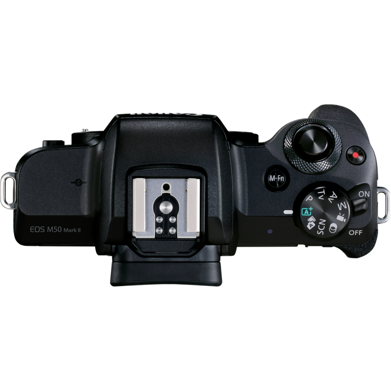 Canon EOS M50 Mark II Mirrorless Camera, Black + EF-M 15-45mm IS STM Lens + Backpack + SD Card + Spare Battery Product Top View