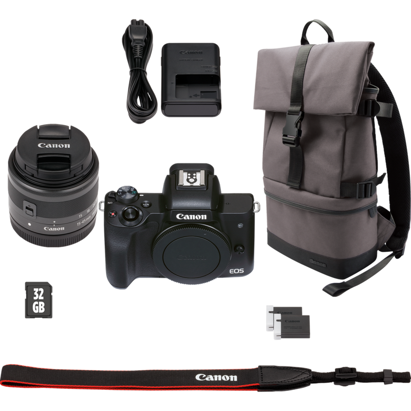 Canon EOS M50 Mark II Mirrorless Camera, Black + EF-M 15-45mm IS STM Lens + Backpack + SD Card + Spare Battery Product What's in the Box