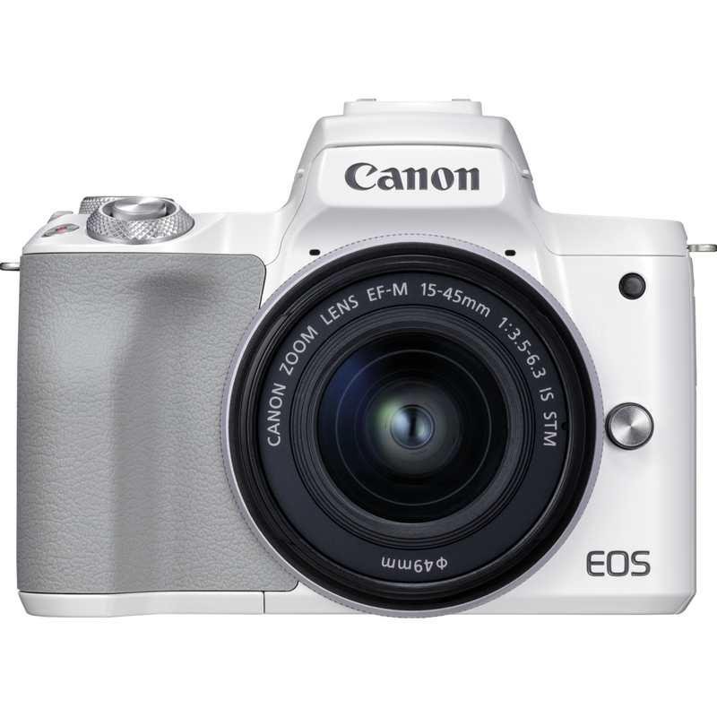 Canon EOS M50 Mark II Mirrorless Camera, White + EF-M 15-45mm f/3.5-6.3 IS STM Lens, Silver Product Front View with the Lens Attached to the Camera