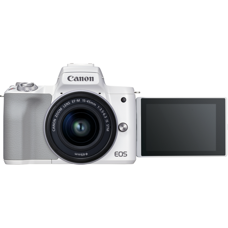 Canon EOS M50 Mark II Mirrorless Camera, White + EF-M 15-45mm f/3.5-6.3 IS STM Lens, Silver Product Front View with the Vari-Angle Screen Extended
