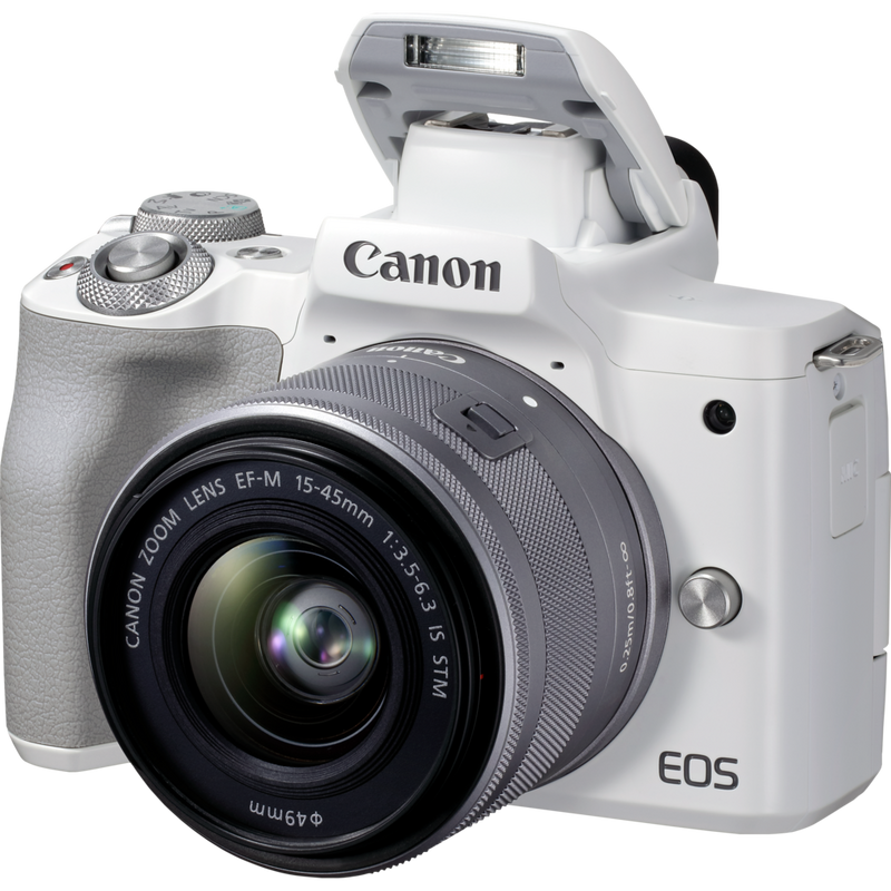 Canon EOS M50 Mark II Mirrorless Camera, White + EF-M 15-45mm f/3.5-6.3 IS STM Lens, Silver Product Diagonal View with Built-in Flash