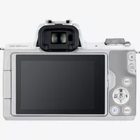Cámara EOS M50 Mark II Mirrorless de Canon en blanco + objetivo EF-M 15-45mm f/3.5-6.3 IS STM en plata Producto Vista posterior