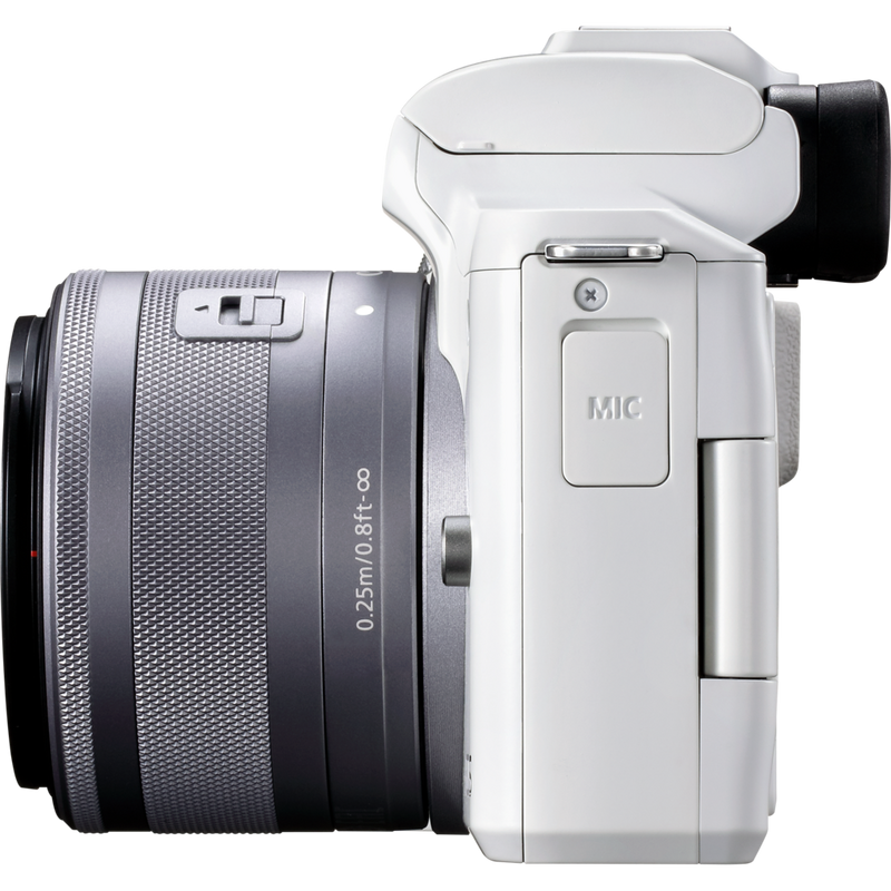 Canon EOS M50 Mark II Mirrorless Camera, White + EF-M 15-45mm f/3.5-6.3 IS STM Lens, Silver Product Left View