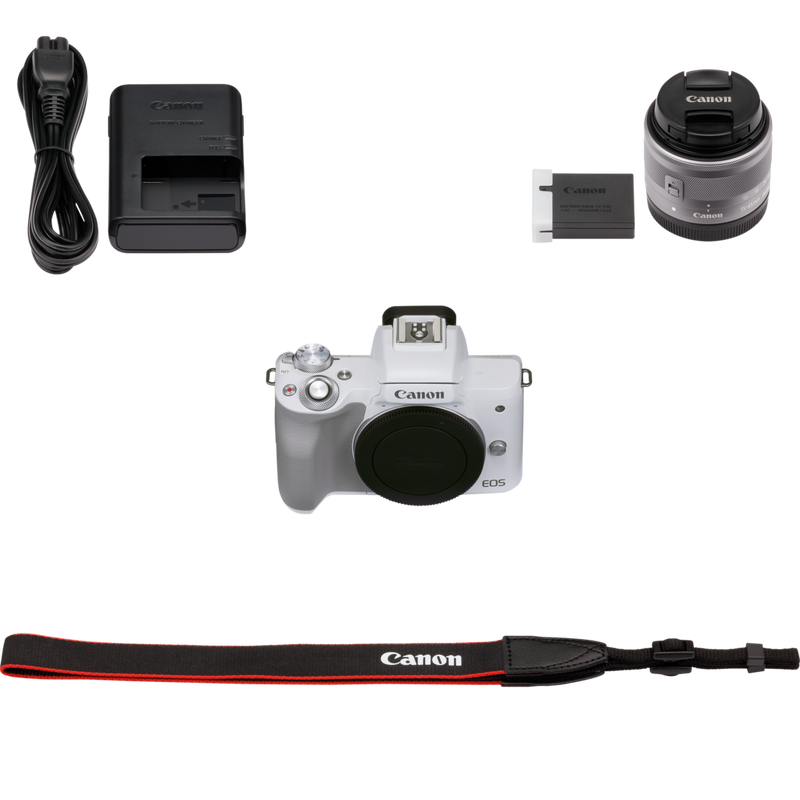 Canon EOS M50 Mark II Mirrorless Camera, White + EF-M 15-45mm f/3.5-6.3 IS STM Lens, Silver Product What's in the Box