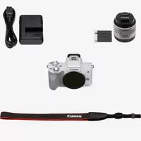 Cámara EOS M50 Mark II Mirrorless de Canon en blanco + objetivo EF-M 15-45mm f/3.5-6.3 IS STM en plata Producto Contenido del embalaje