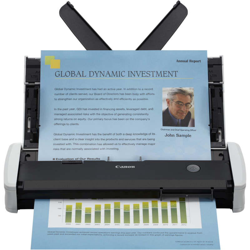 Canon imageFORMULA R10 Portable Scanner Product Front View with documents in the tray