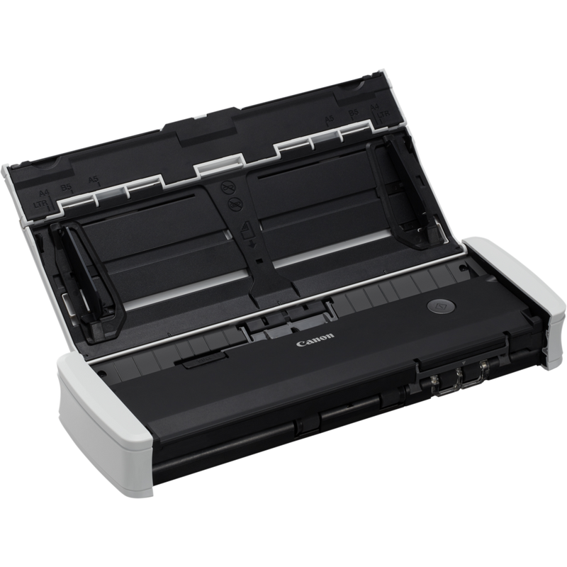 Canon imageFORMULA R10 Portable Scanner Product Front Left View with panel open