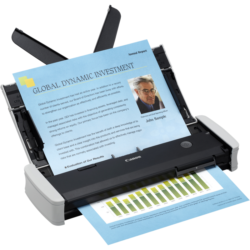 Canon imageFORMULA R10 Portable Scanner Product Front Left View with documents in the tray