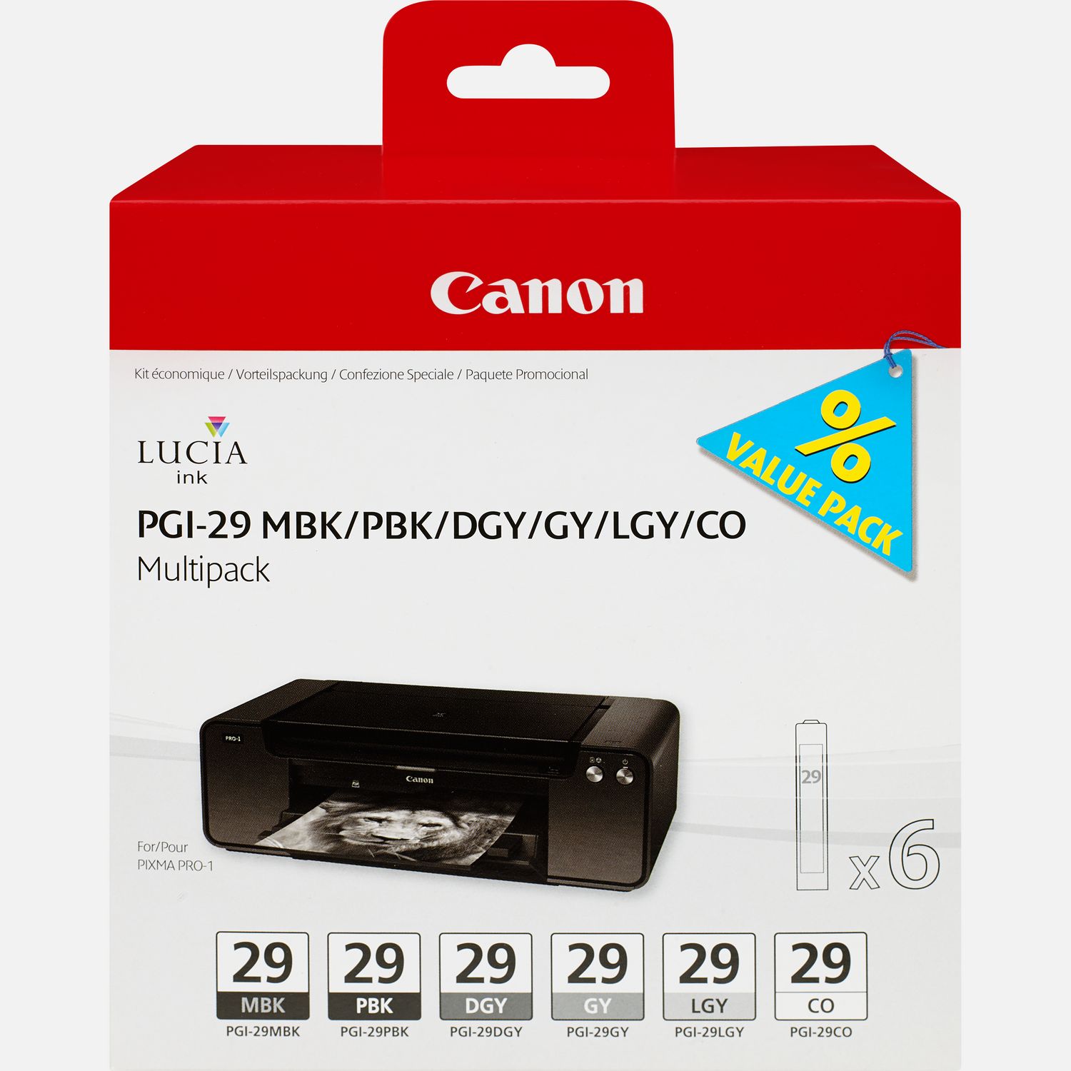 Multipack de 6 cartouches d'encre Canon PGI-29 MBK/PBK/DGY/GY/LGY/CO