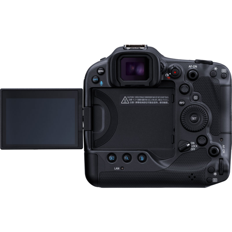 Canon EOS R3 spiegellose Kamera Gehäuse Produkt Rückansicht mit dem erweiterten dreh- und schwenkbaren Display
