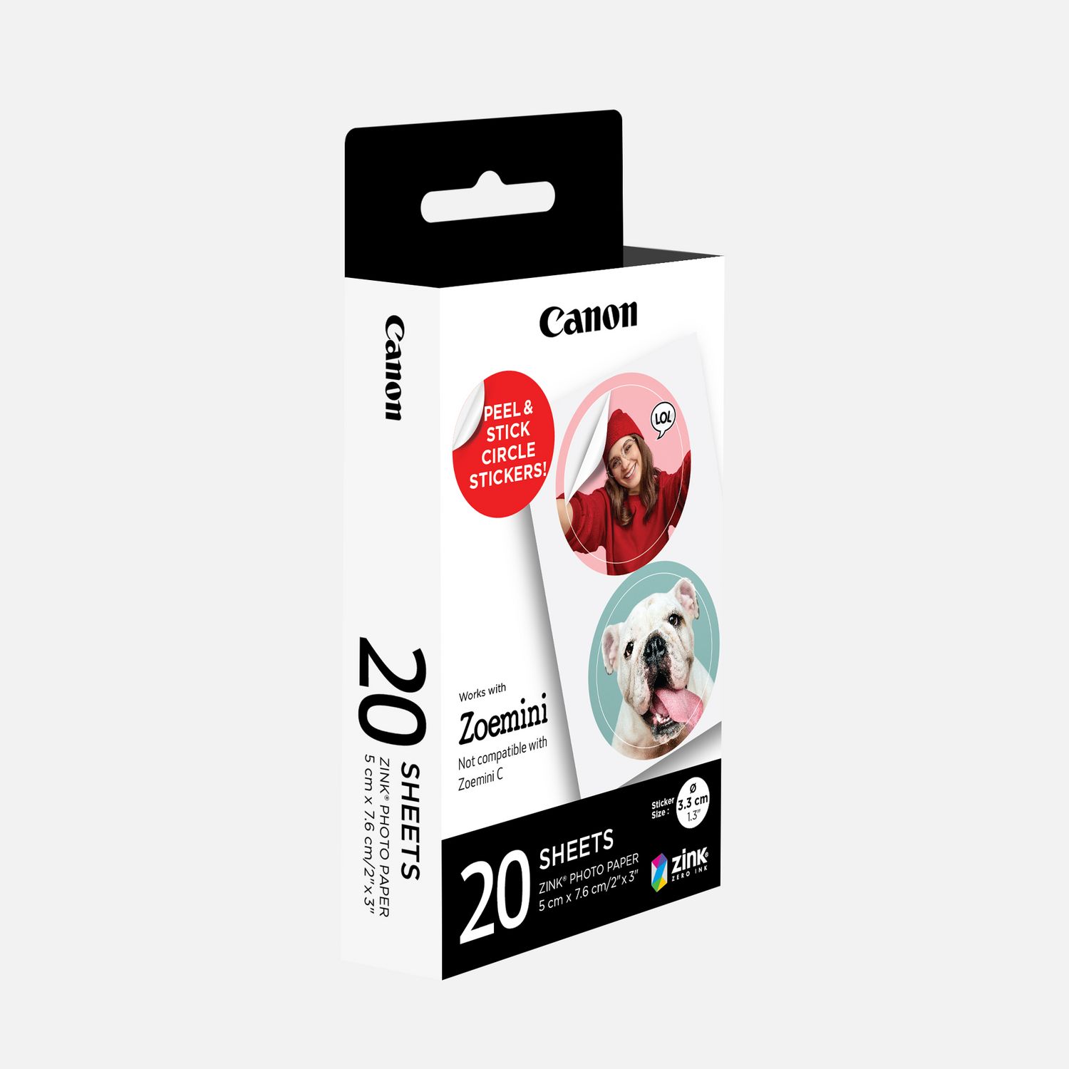 Pack d'autocollants ronds prédécoupés 33 mm Canon ZINK™, 20 feuilles