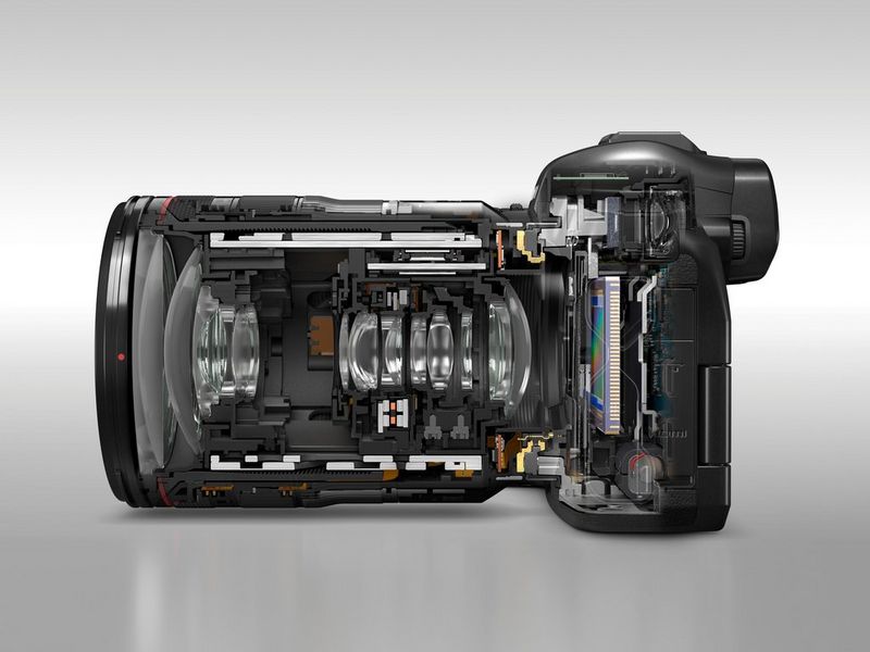 A cutaway image of a Canon EOS R body with an RF lens.