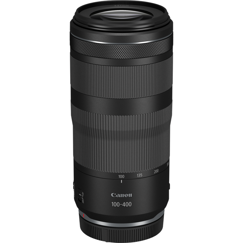 Canon RF 100-400mm F5.6-8 IS USM Lens Product Diagonal Top-Down View with the Dust Cap