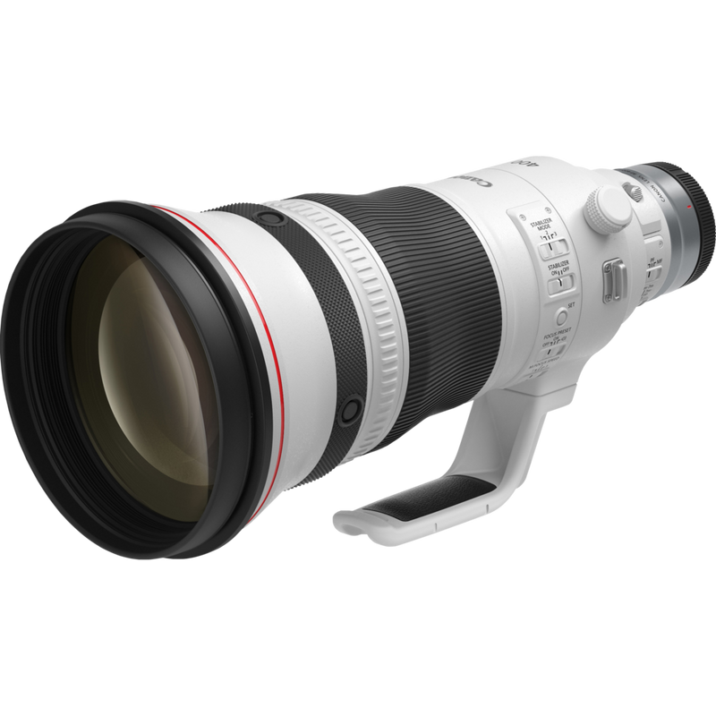 Objectif Canon RF 400 mm F2.8L IS USM Produits Vue diagonale avec la fixation pour trépied
