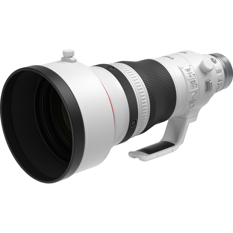Objectif Canon RF 400 mm F2.8L IS USM Produits Vue diagonale avec un pare-soleil court et une fixation pour trépied