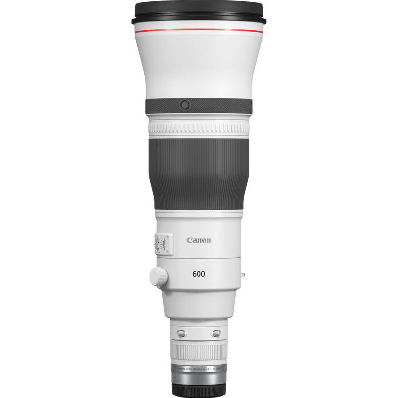 Objetivo Canon RF 600mm F4L IS USM Producto Vista frontal con la tapa contra el polvo