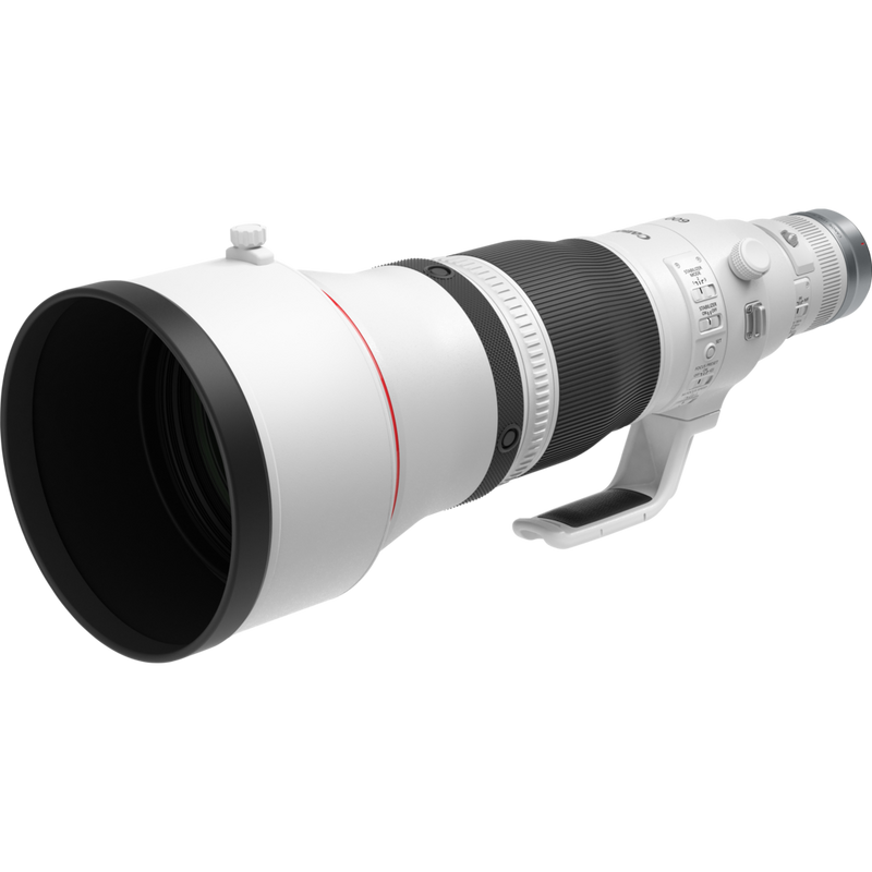 Objetivo Canon RF 600mm F4L IS USM Producto Vista diagonal con un parasol pequeño y la montura para trípode