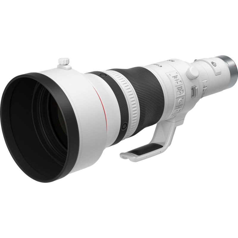 Canon RF 800mm F5.6L IS USM Lens Product Diagonal View with a Short Hood and Tripod Mount