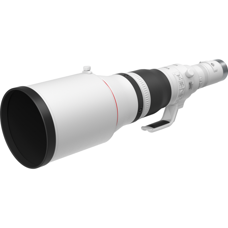 Canon RF 1200mm F8L IS USM Lens Product Diagonal View with the Hood and Tripod Mount