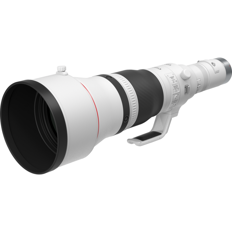 Canon RF 1200mm F8L IS USM Lens Product Diagonal View with a Short Hood and Tripod Mount