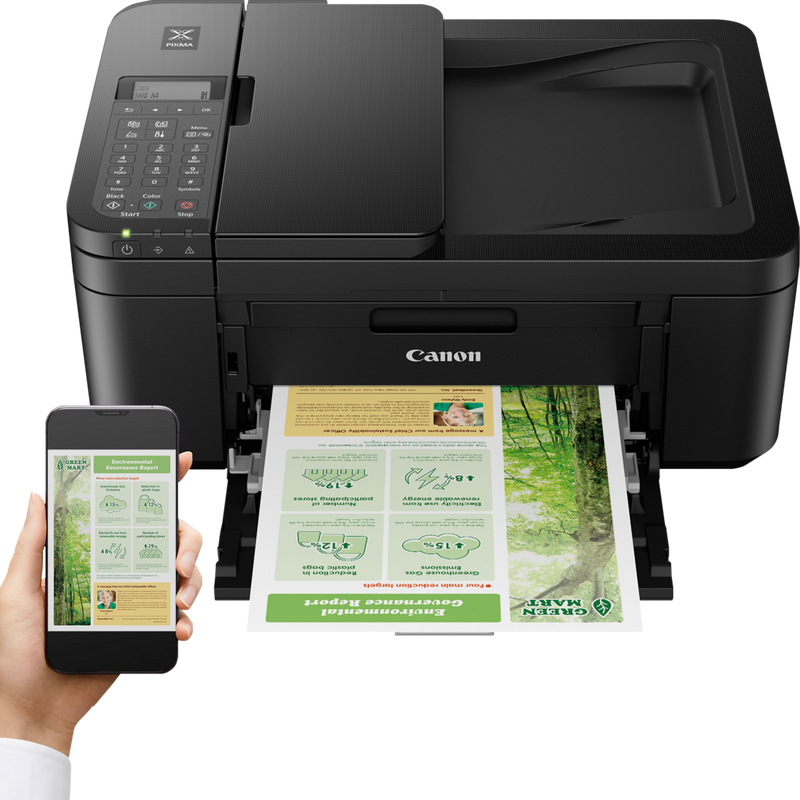 Canon PIXMA TR4650 Wireless Colour All-in-One Inkjet Photo Printer, Black Product Front Slant View With Paper Tray Out