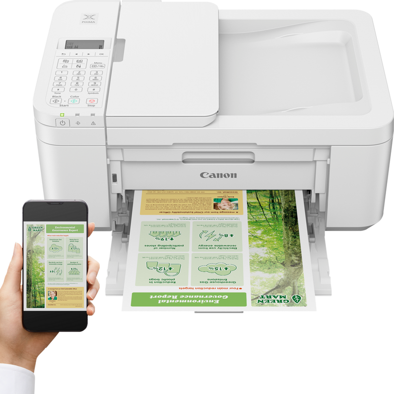 Canon PIXMA TR4651 Wireless Colour All-in-One Inkjet Photo Printer, White Product Front View With A Person Printing From a Smartphone
